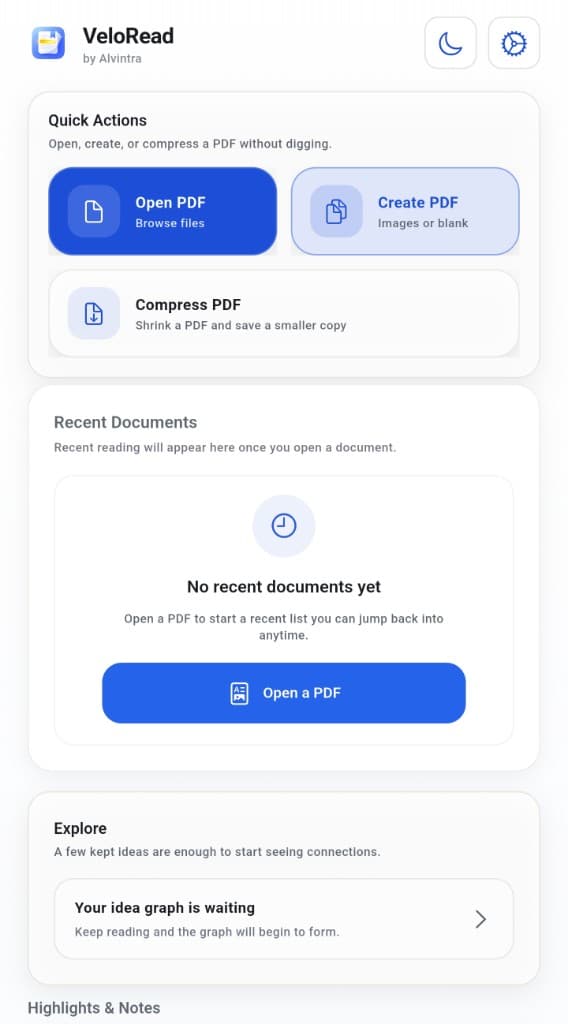 VeloRead — quick actions, recent documents, and explore sections