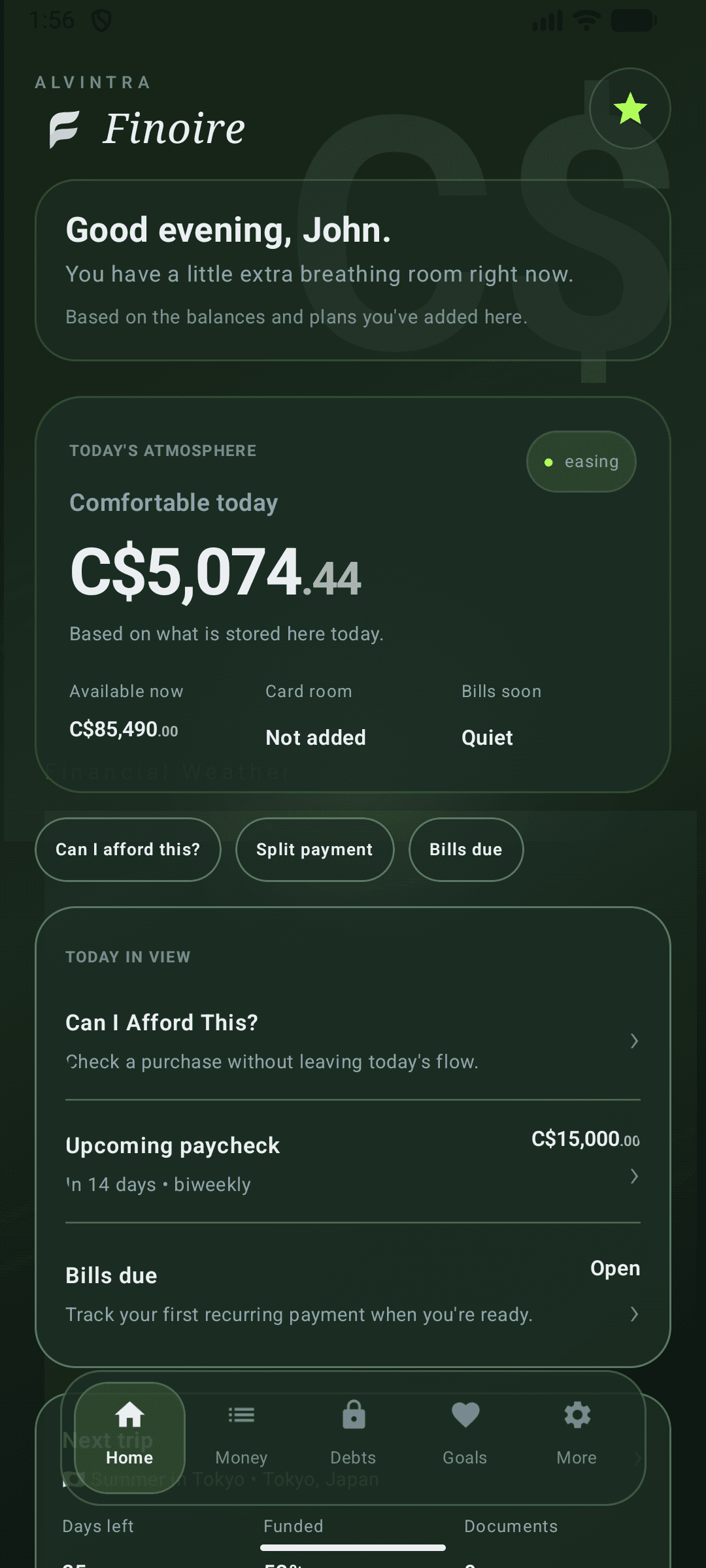 Finoire home dashboard showing balances, upcoming bills, financial breathing room, and quick actions